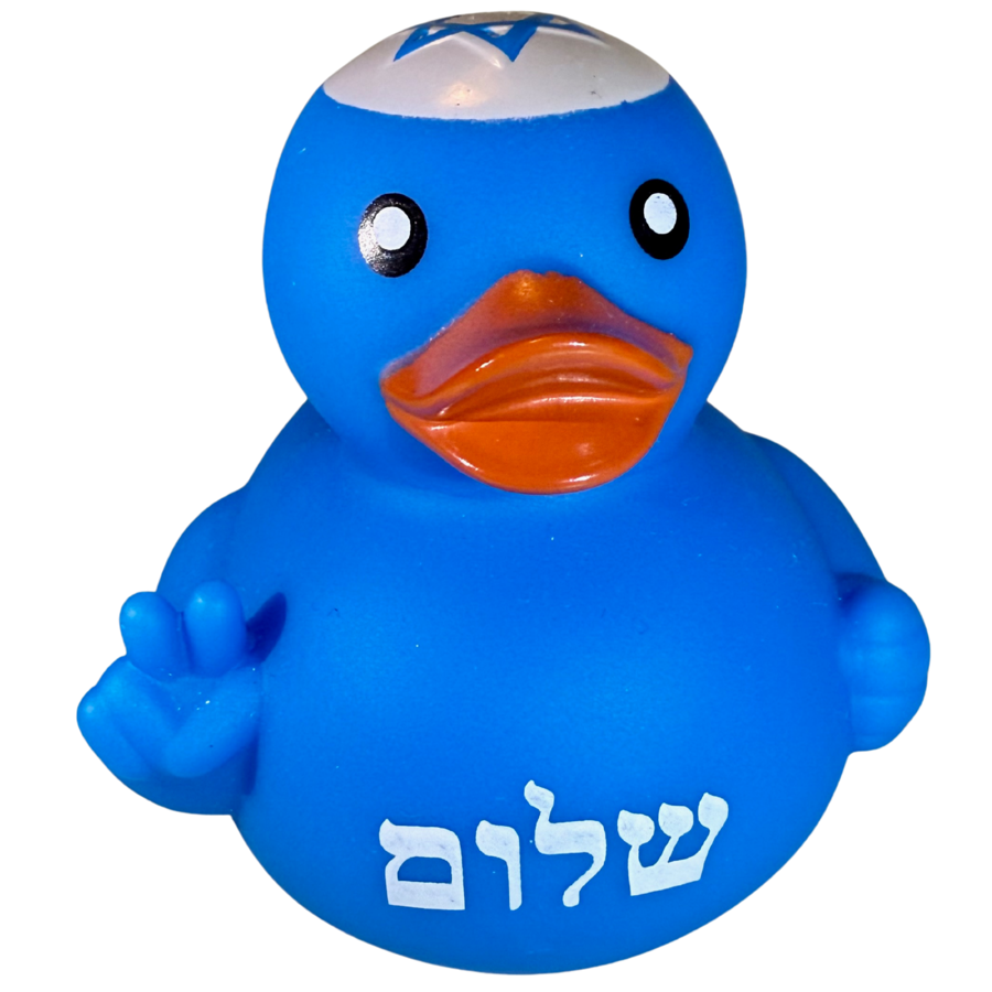 An official Kosher Duck Revolution rubber duck — blue, with a kippah, a Star of David, and שלום on its chest